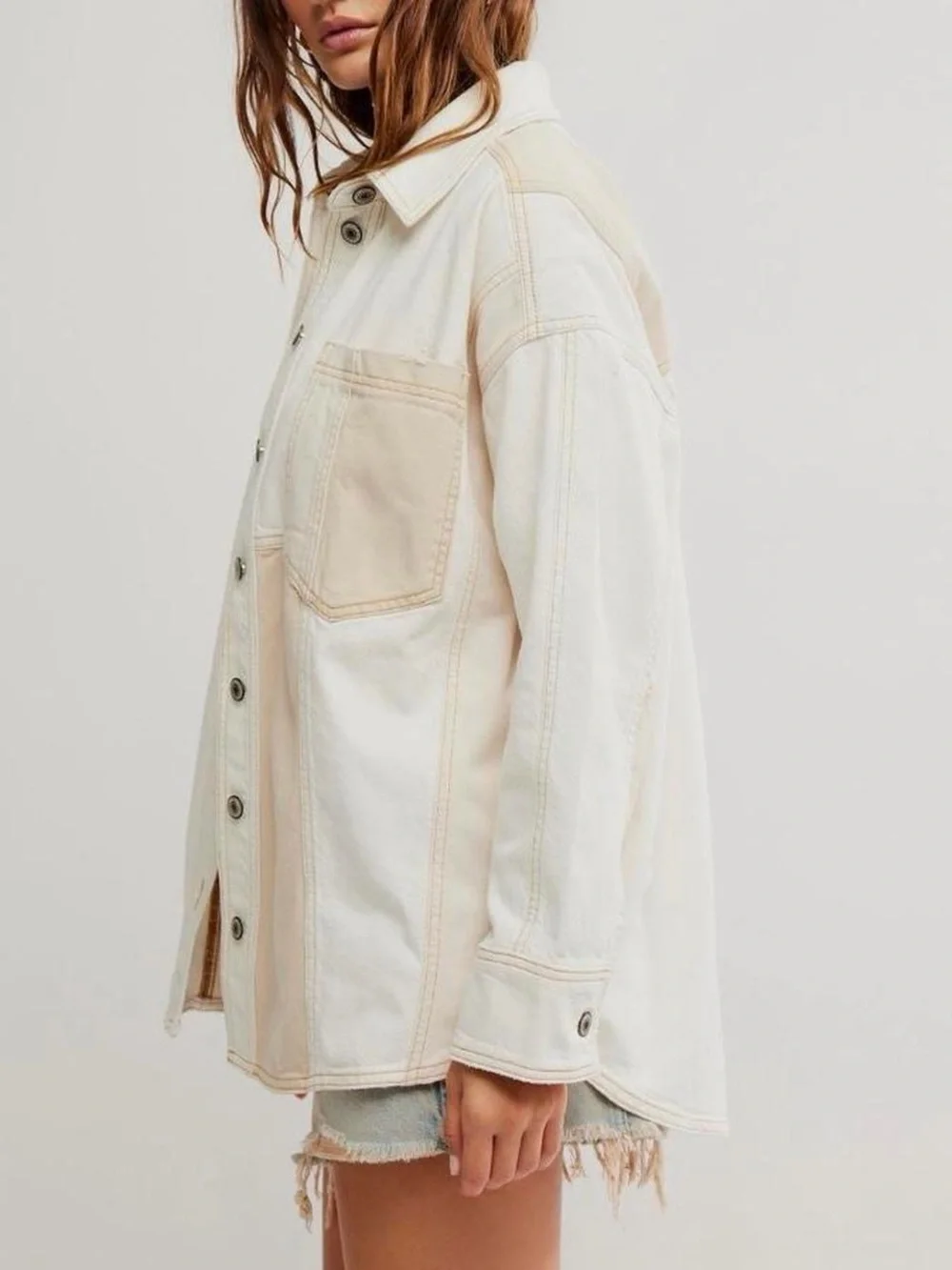 Free People We The Free Mountain Roads Denim Patchwork Jacket in Cream/Beige - S - Picture 4 of 8